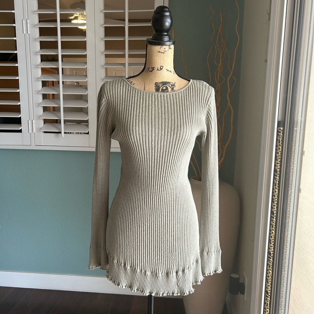 Grey Ribbed Ruffled Bell Sleeve Sweater